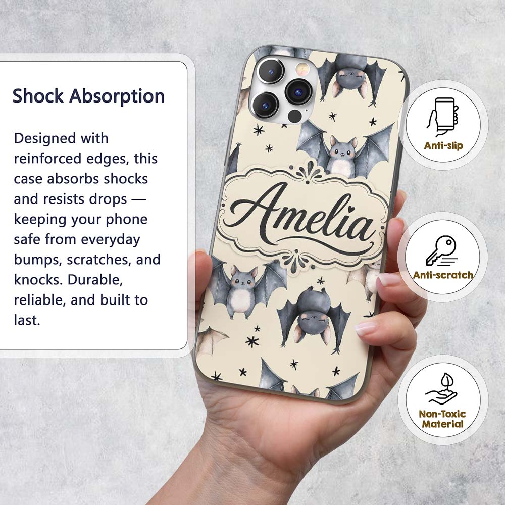 Cute Watercolor Bats and Stars Seamless Pattern Custom Name Protective Phone Case Mobile Cover Durable Everyday Smartphone Shock Resistant