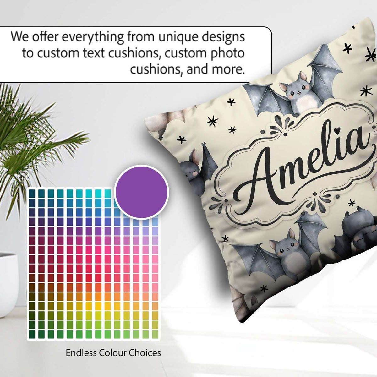 Custom Name Watercolor Bats and Stars Seamless Beige Background Square Filled Cushion Throw Pillow Sofa Bed Home Decor Zip Washable UK Made
