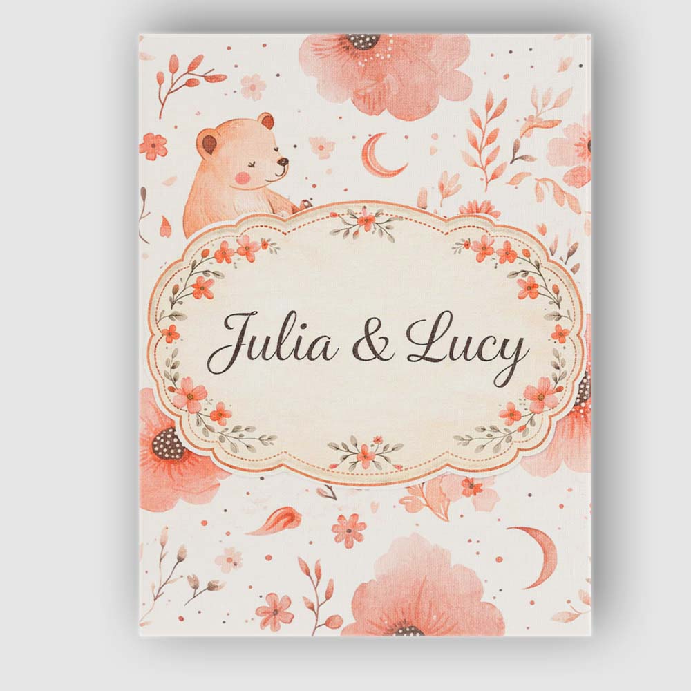 Personalised Name Cute Teddy Bear Floral Nursery Pattern Soft Custom Contemporary Display Canvas Wall Art Print Decor Picture Ready to Hang