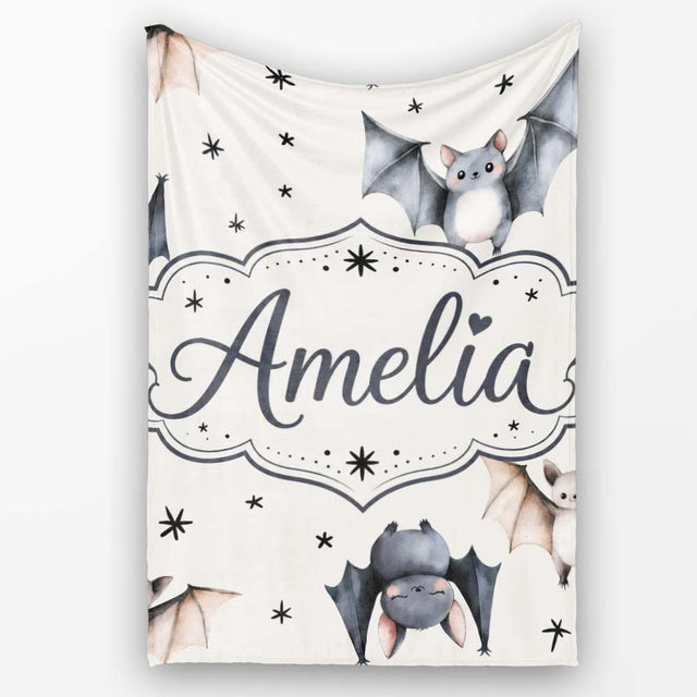 Cute Watercolor Bats and Stars Seamless Pattern Light Neutral Lovely  Personalised Custom Name Super Soft Fleece Blanket Bed Sofa Throw
