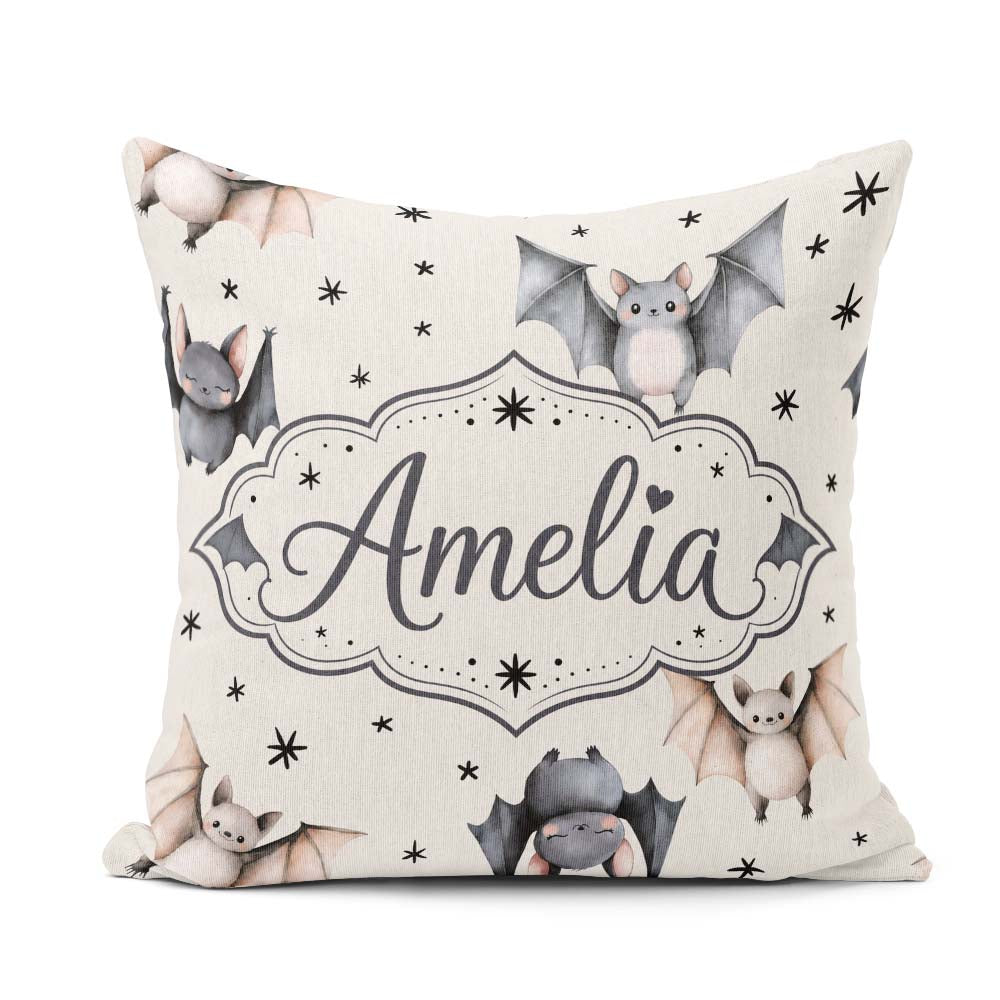 Custom Name Cute Watercolor Bats and Stars Pattern Light Neutral Square Filled Cushion Throw Pillow Sofa Bed Home Decor Zip Washable UK Made
