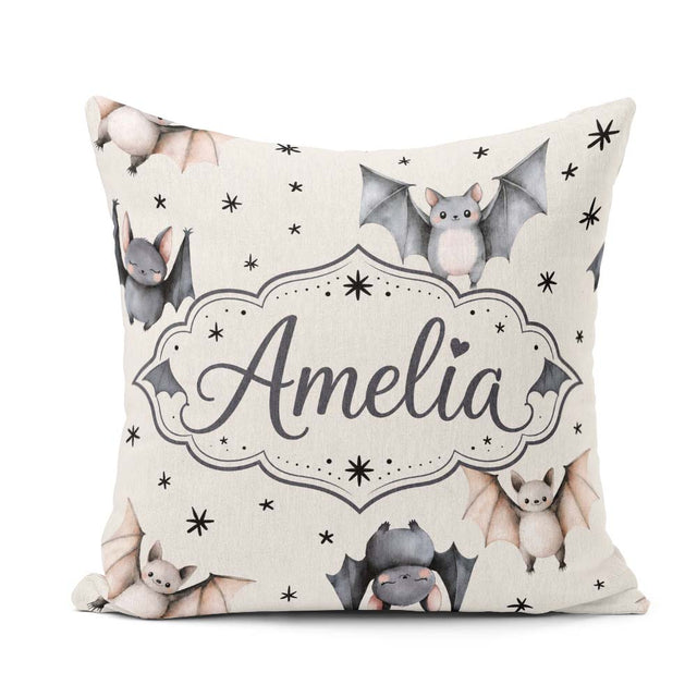 Custom Name Cute Watercolor Bats and Stars Pattern Light Neutral Square Filled Cushion Throw Pillow Sofa Bed Home Decor Zip Washable UK Made