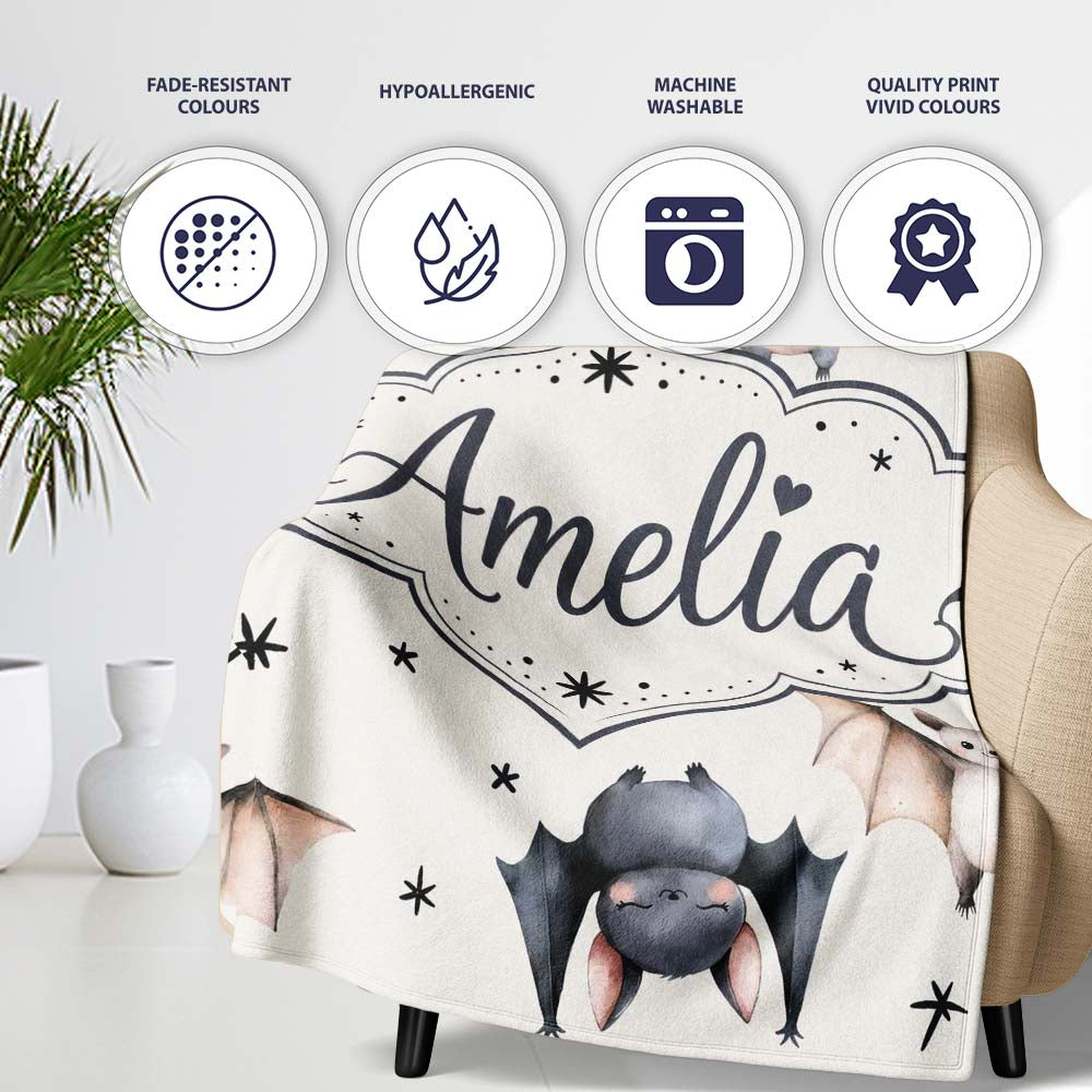 Cute Watercolor Bats and Stars Seamless Pattern Light Neutral Lovely  Personalised Custom Name Super Soft Fleece Blanket Bed Sofa Throw