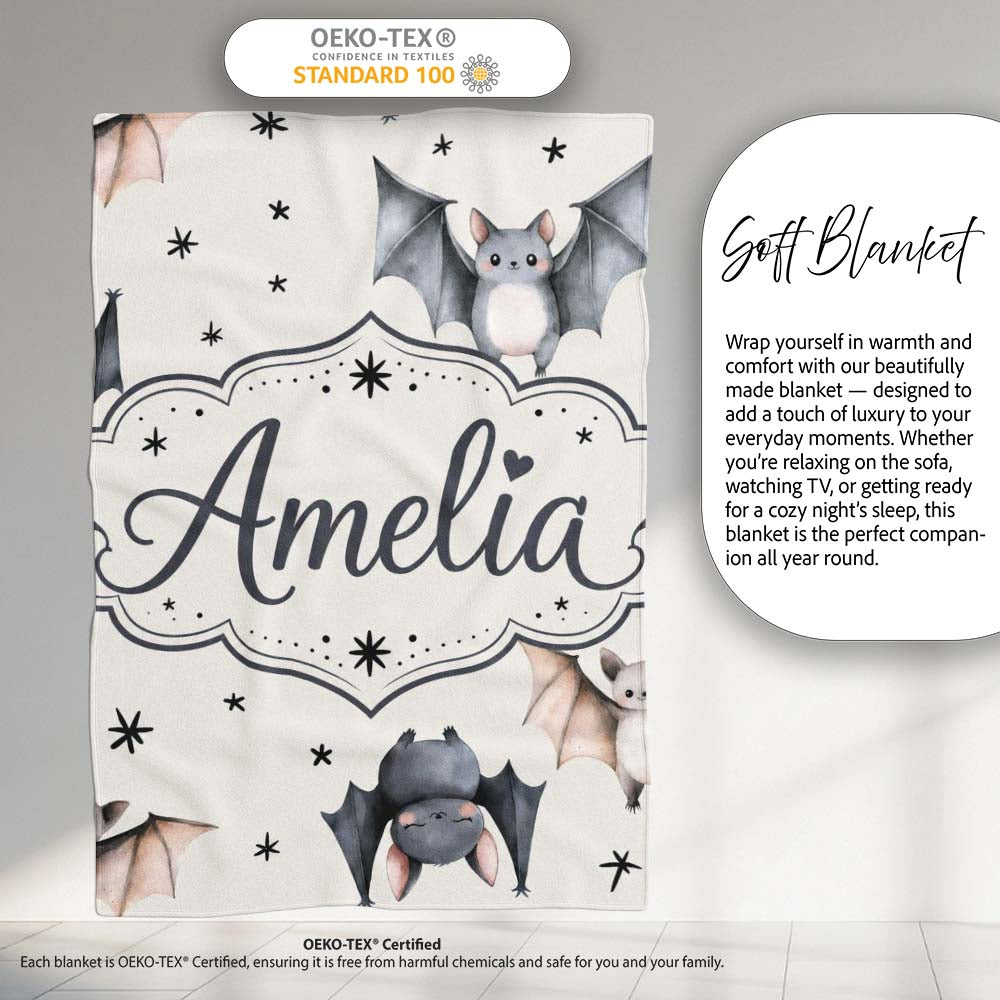 Cute Watercolor Bats and Stars Seamless Pattern Light Neutral Lovely  Personalised Custom Name Super Soft Fleece Blanket Bed Sofa Throw