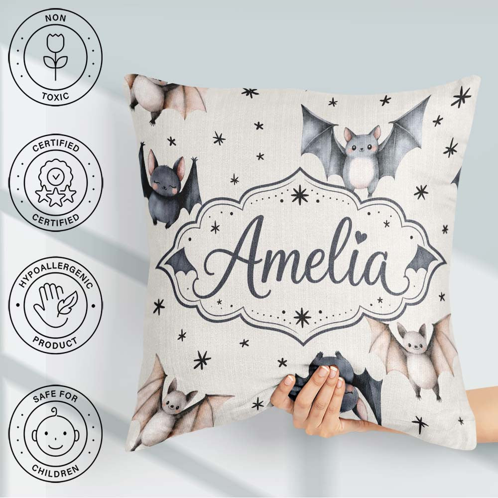 Custom Name Cute Watercolor Bats and Stars Pattern Light Neutral Square Filled Cushion Throw Pillow Sofa Bed Home Decor Zip Washable UK Made