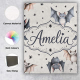 Personalised Name Cute Watercolor Bats and Custom  Unique Gift Idea Elegant Feature Canvas Wall Art Print Decor Picture Ready to Hang