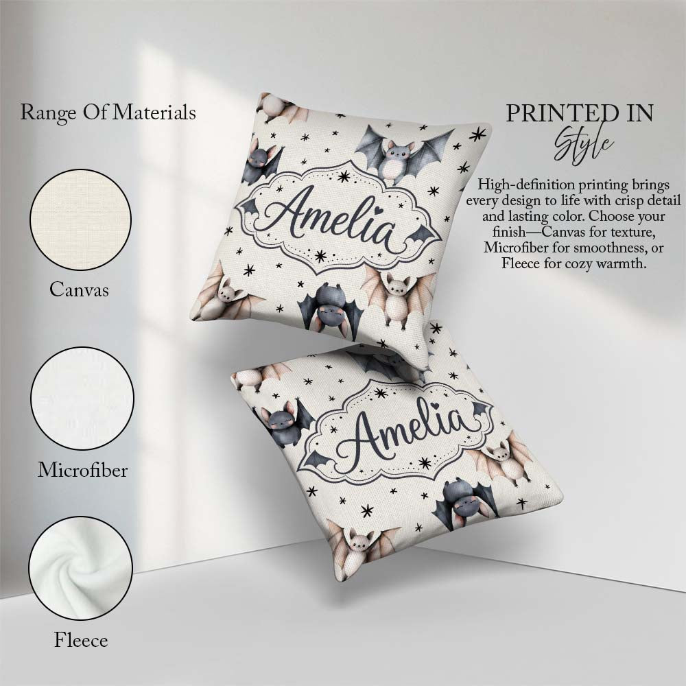 Custom Name Cute Watercolor Bats and Stars Pattern Light Neutral Square Filled Cushion Throw Pillow Sofa Bed Home Decor Zip Washable UK Made