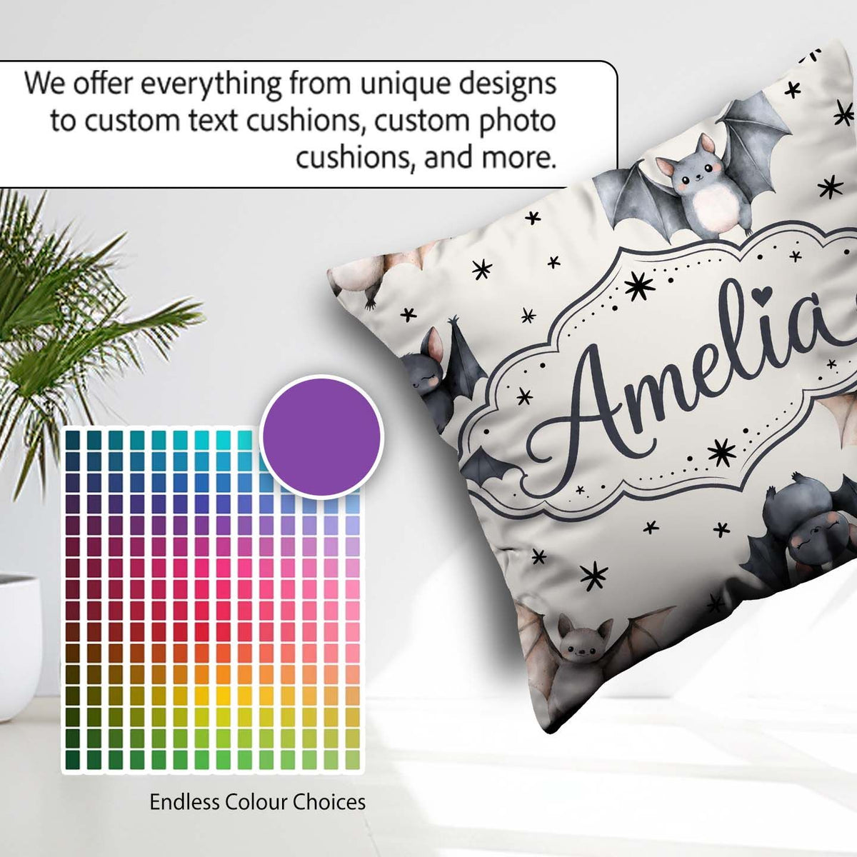 Custom Name Cute Watercolor Bats and Stars Pattern Light Neutral Square Filled Cushion Throw Pillow Sofa Bed Home Decor Zip Washable UK Made