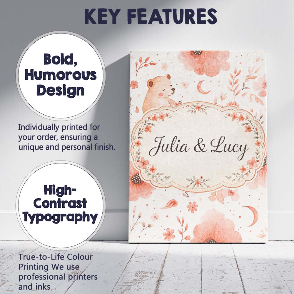 Personalised Name Cute Teddy Bear Floral Nursery Pattern Soft Custom Contemporary Display Canvas Wall Art Print Decor Picture Ready to Hang