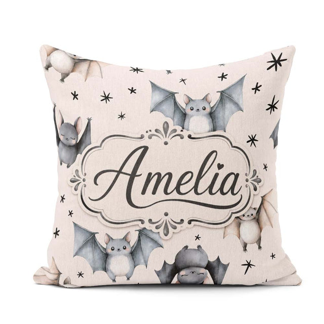 Custom Name Cute Watercolor Bats and Stars Seamless Pattern Warm Square Filled Cushion Throw Pillow Sofa Bed Home Decor Zip Washable UK Made
