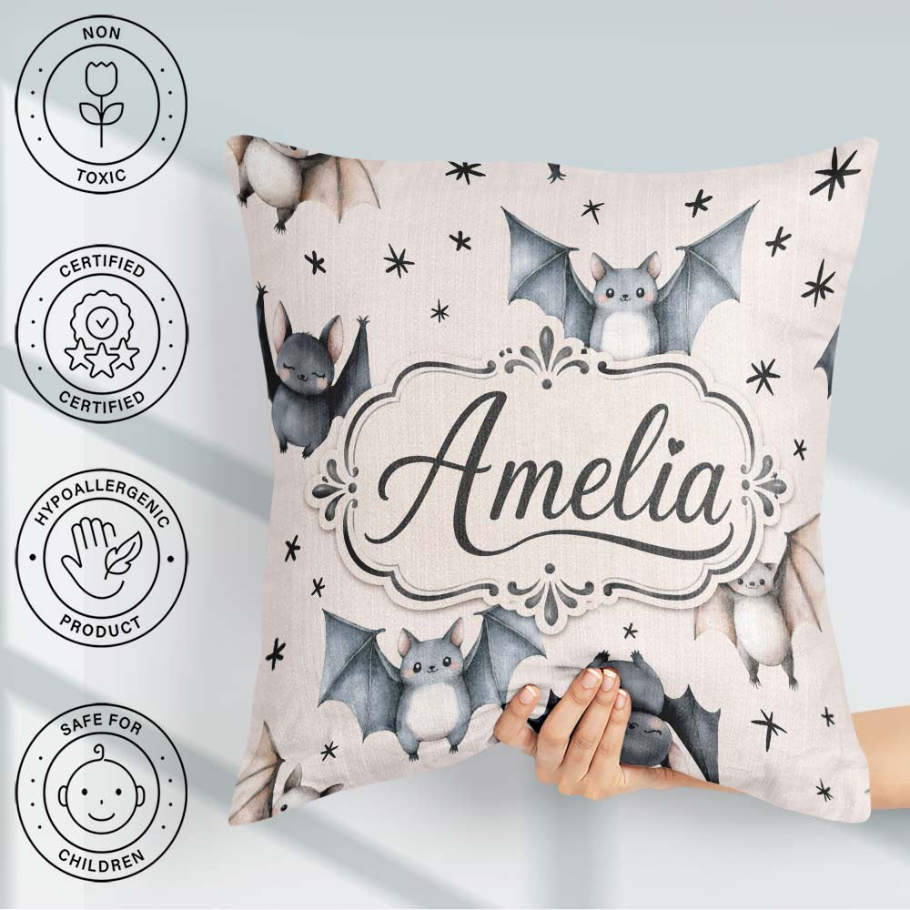 Custom Name Cute Watercolor Bats and Stars Seamless Pattern Warm Square Filled Cushion Throw Pillow Sofa Bed Home Decor Zip Washable UK Made