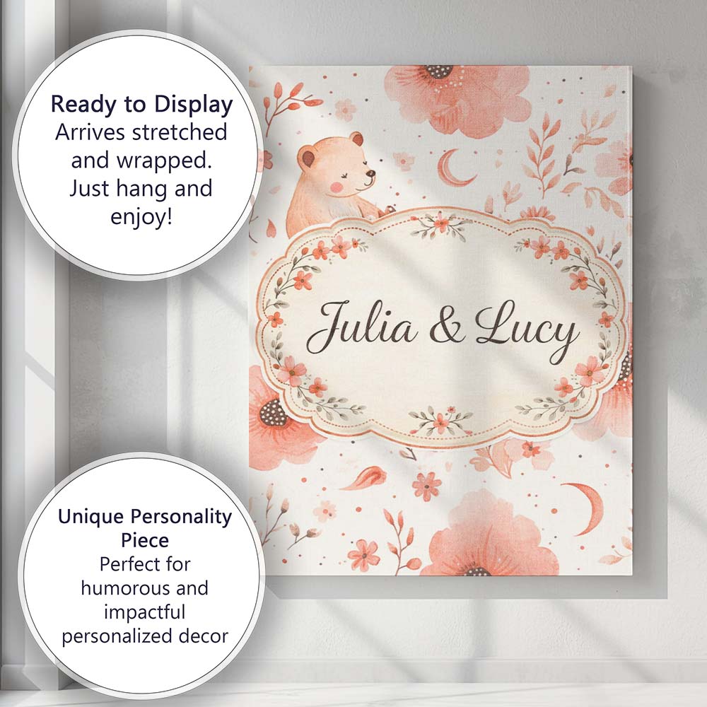 Personalised Name Cute Teddy Bear Floral Nursery Pattern Soft Custom Contemporary Display Canvas Wall Art Print Decor Picture Ready to Hang