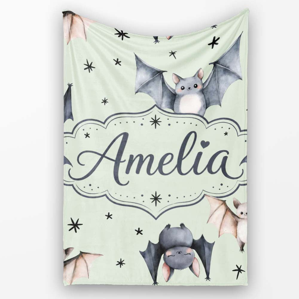 Cute Watercolor Bats and Stars Seamless Pattern Soft Green Lovely  Personalised Custom Name Super Soft Fleece Blanket Bed Sofa Throw