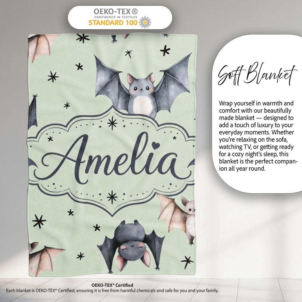 Cute Watercolor Bats and Stars Seamless Pattern Soft Green Lovely  Personalised Custom Name Super Soft Fleece Blanket Bed Sofa Throw
