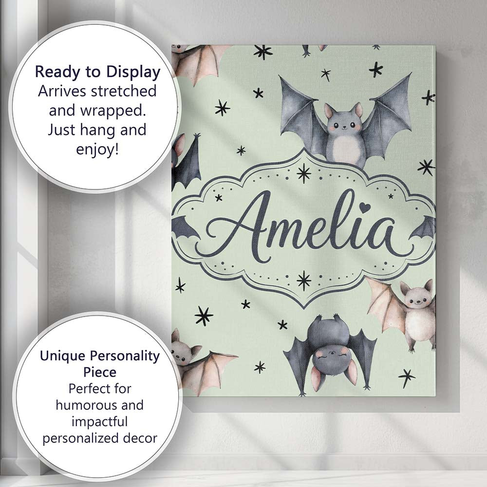 Personalised Name Cute Watercolor Bats and Custom  Unique Gift Idea Elegant Feature Canvas Wall Art Print Decor Picture Ready to Hang