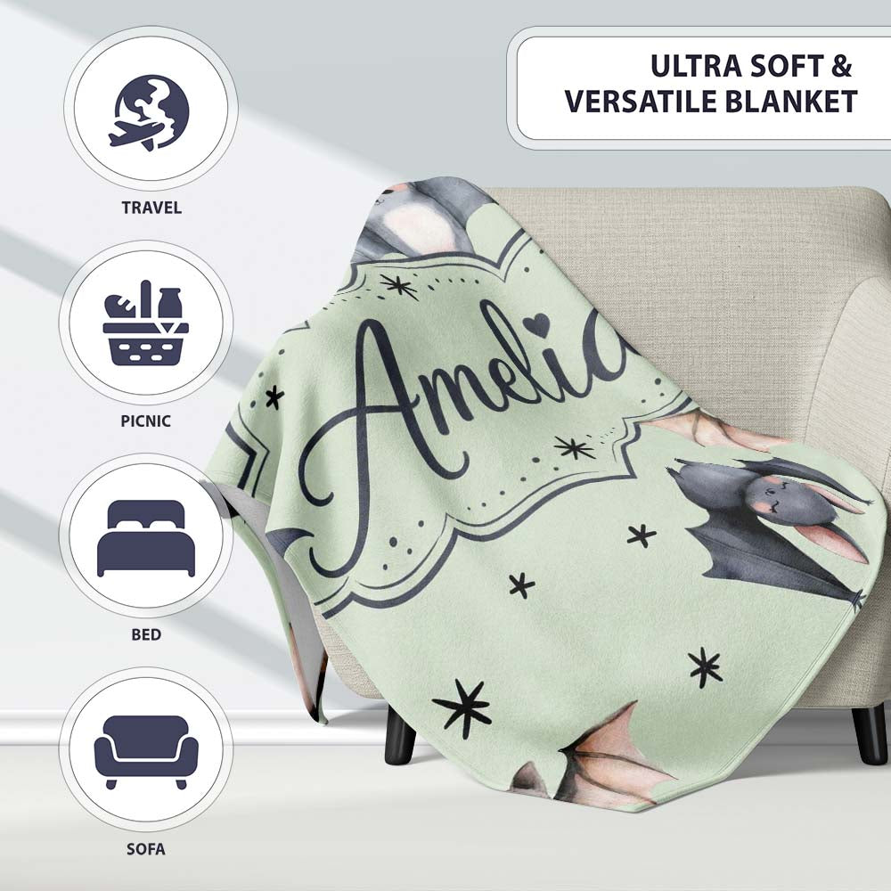 Cute Watercolor Bats and Stars Seamless Pattern Soft Green Lovely  Personalised Custom Name Super Soft Fleece Blanket Bed Sofa Throw