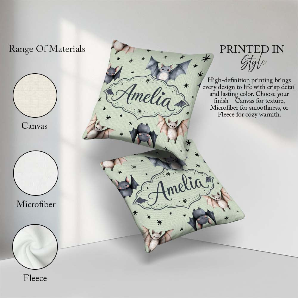 Custom Name Cute Watercolor Bats and Stars Seamless Pattern Soft Square Filled Cushion Throw Pillow Sofa Bed Home Decor Zip Washable UK Made