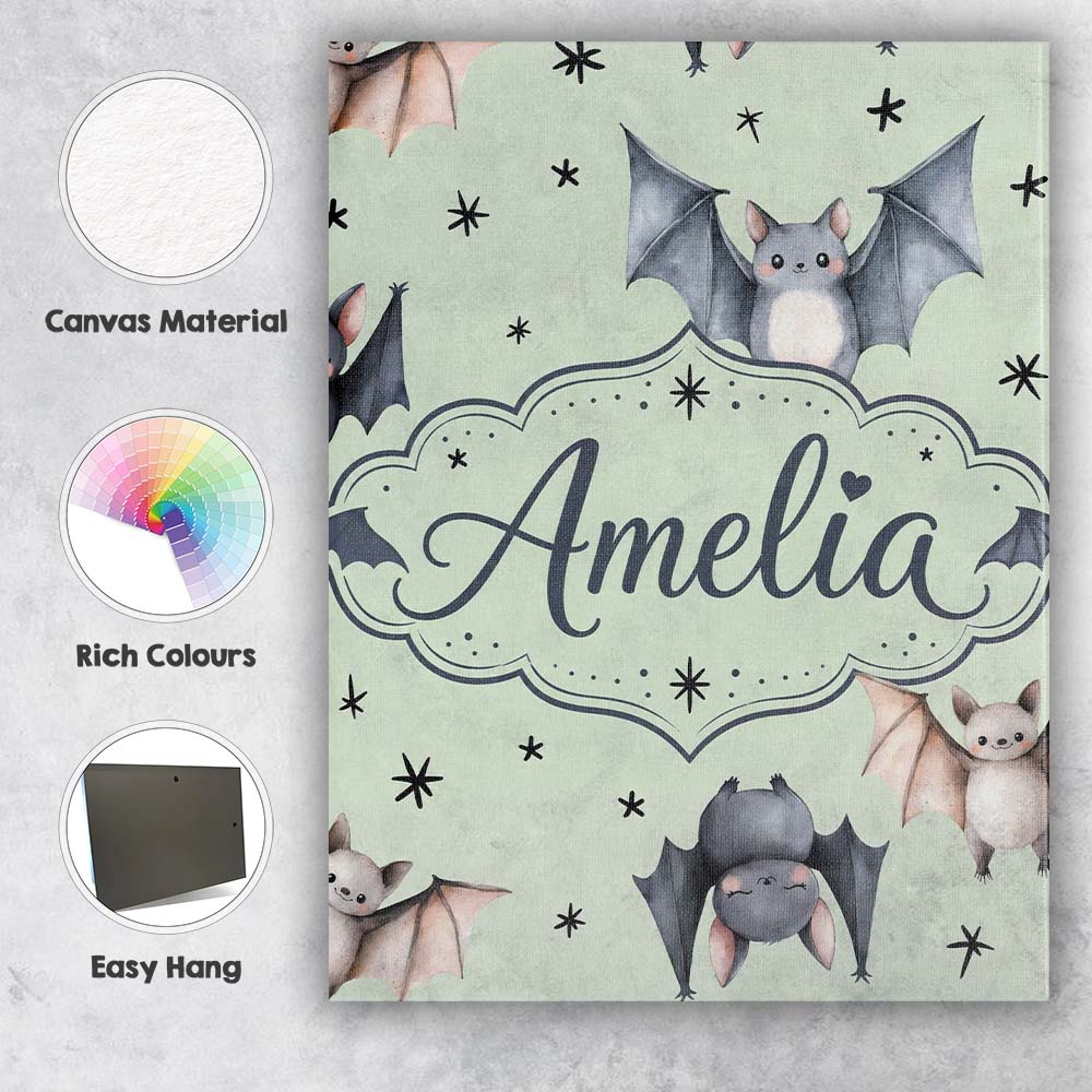 Personalised Name Cute Watercolor Bats and Custom  Unique Gift Idea Elegant Feature Canvas Wall Art Print Decor Picture Ready to Hang