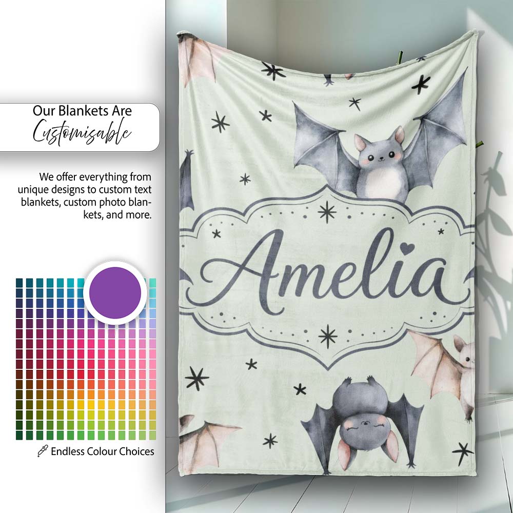 Cute Watercolor Bats and Stars Seamless Pattern Soft Green Lovely  Personalised Custom Name Super Soft Fleece Blanket Bed Sofa Throw