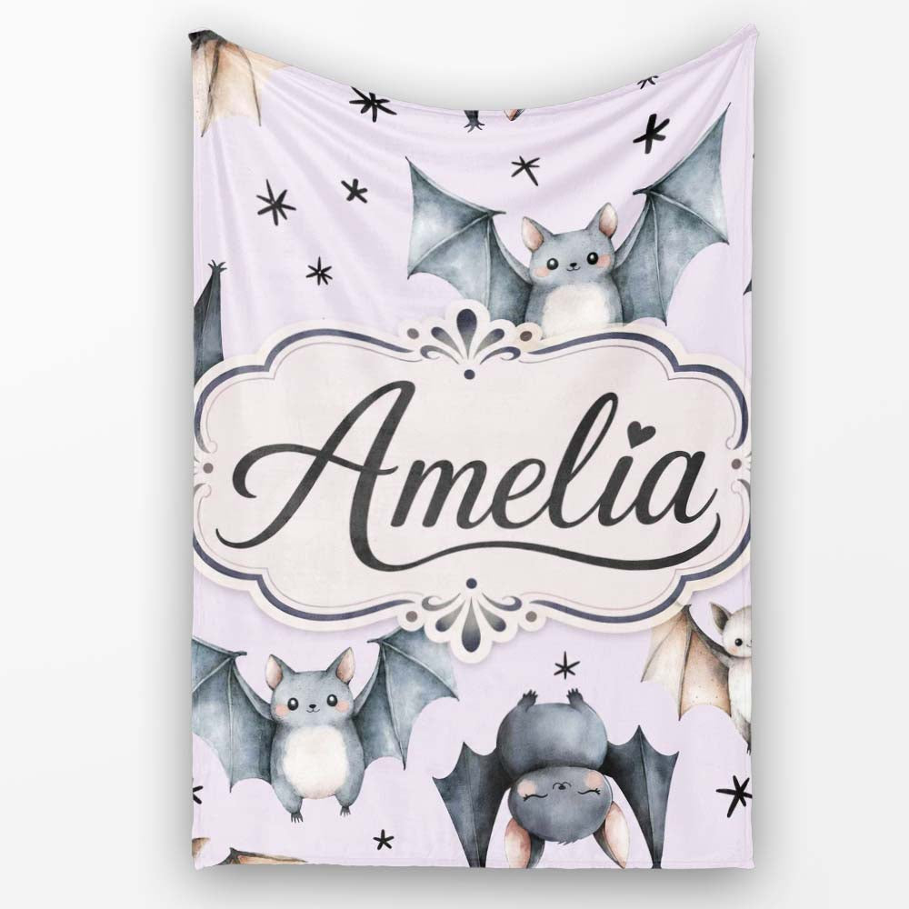 Cute Watercolor Bats and Stars Seamless Pattern Pastel Lilac Lovely  Personalised Custom Name Super Soft Fleece Blanket Bed Sofa Throw