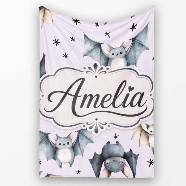 Cute Watercolor Bats and Stars Seamless Pattern Pastel Lilac Lovely  Personalised Custom Name Super Soft Fleece Blanket Bed Sofa Throw