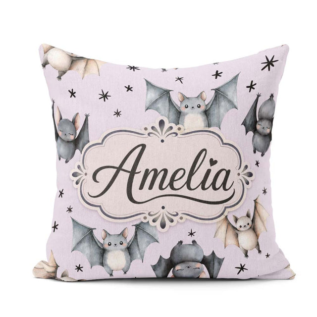 Custom Name Cute Watercolor Bats and Stars Seamless Pastel Lilac Square Filled Cushion Throw Pillow Sofa Bed Home Decor Zip Washable UK Made
