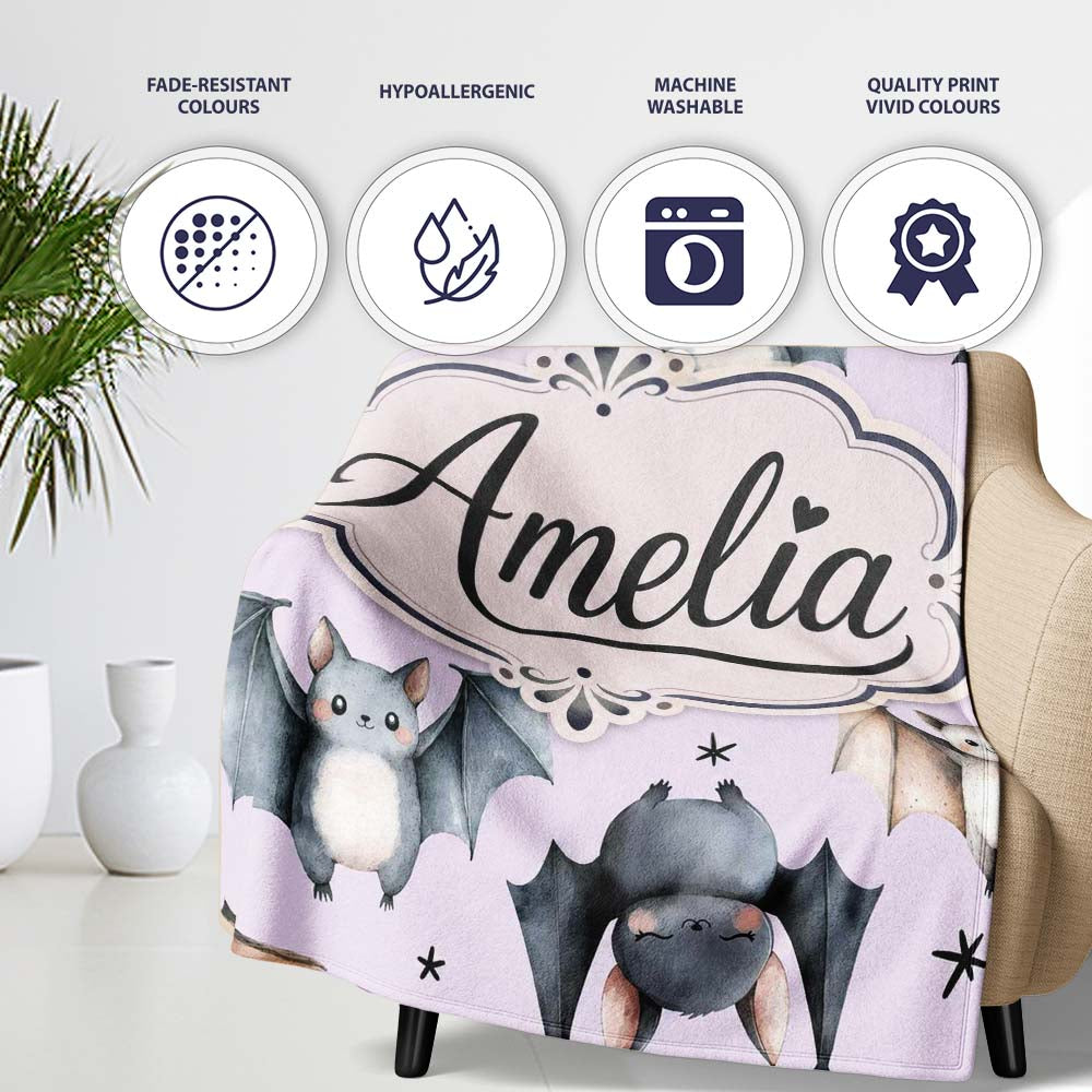 Cute Watercolor Bats and Stars Seamless Pattern Pastel Lilac Lovely  Personalised Custom Name Super Soft Fleece Blanket Bed Sofa Throw