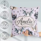 Custom Name Cute Watercolor Bats and Stars Seamless Pastel Lilac Square Filled Cushion Throw Pillow Sofa Bed Home Decor Zip Washable UK Made
