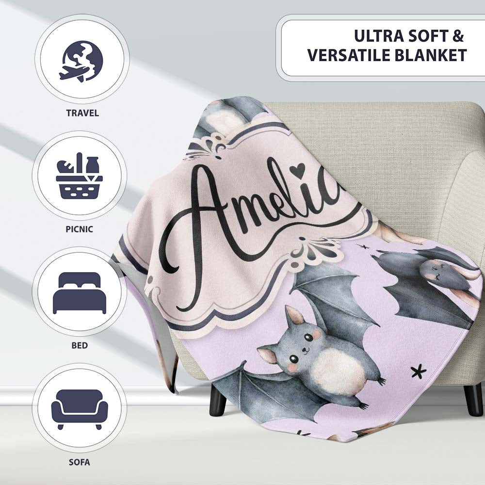 Cute Watercolor Bats and Stars Seamless Pattern Pastel Lilac Lovely  Personalised Custom Name Super Soft Fleece Blanket Bed Sofa Throw
