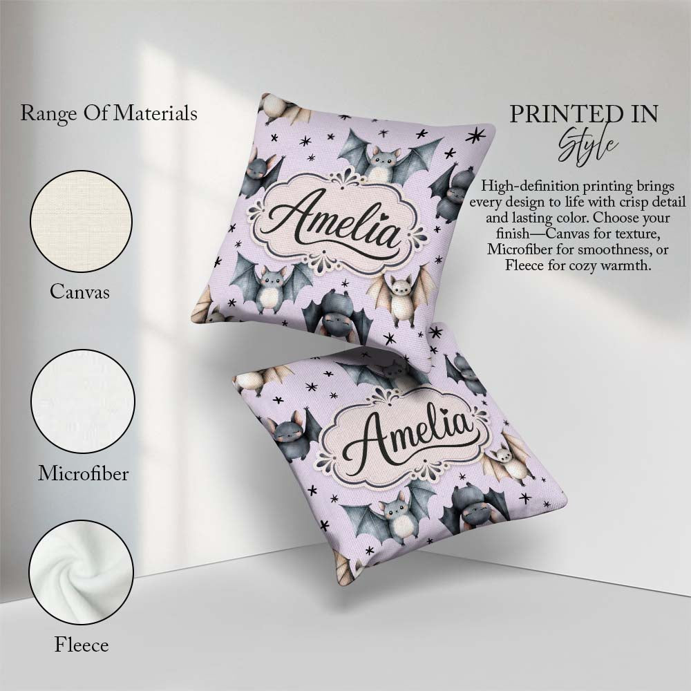Custom Name Cute Watercolor Bats and Stars Seamless Pastel Lilac Square Filled Cushion Throw Pillow Sofa Bed Home Decor Zip Washable UK Made