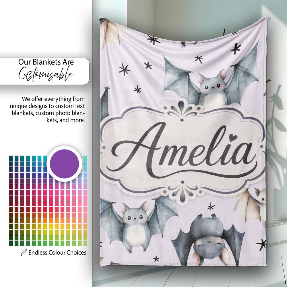 Cute Watercolor Bats and Stars Seamless Pattern Pastel Lilac Lovely  Personalised Custom Name Super Soft Fleece Blanket Bed Sofa Throw