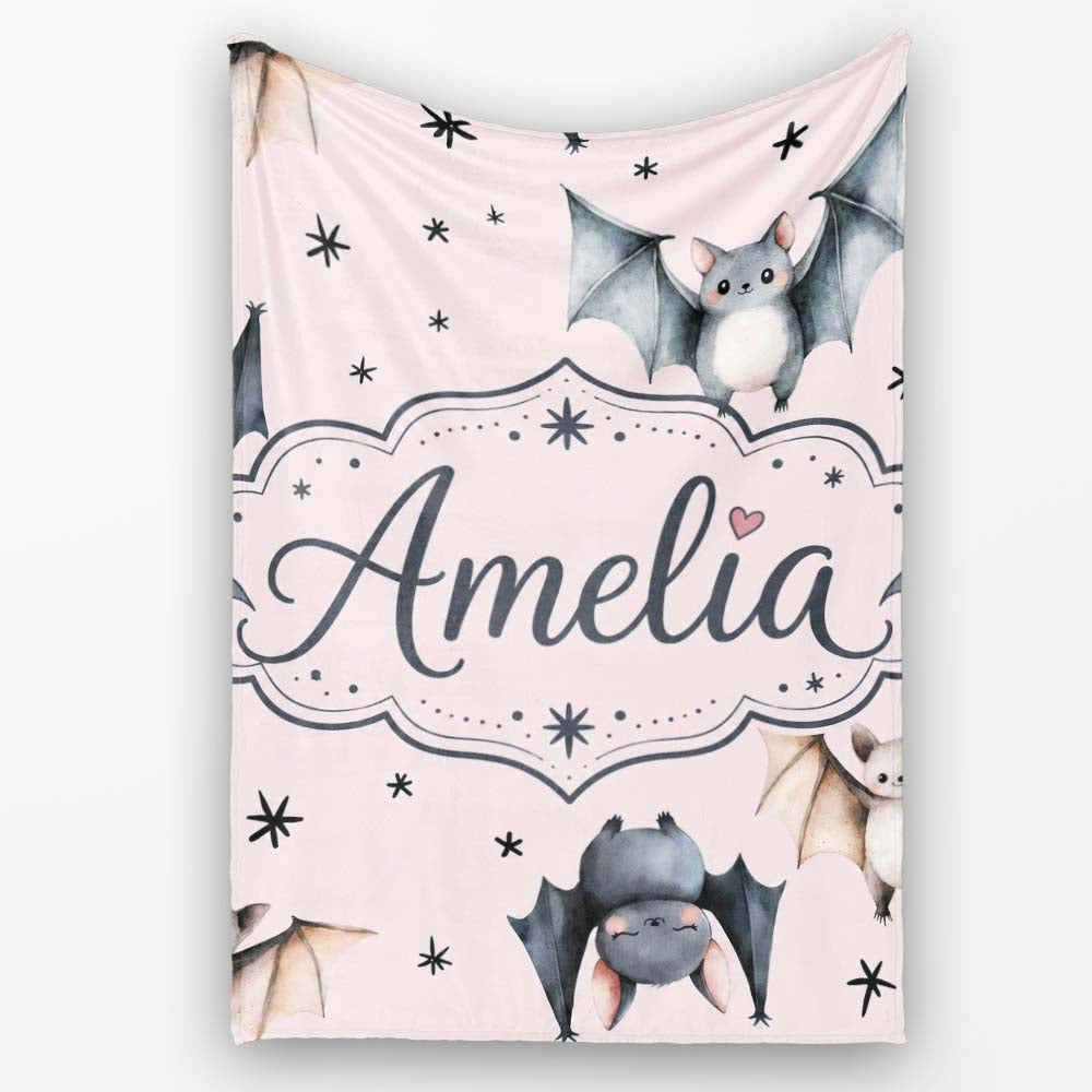 Cute Watercolor Bats and Stars Seamless Pattern Blush Pink Lovely  Personalised Custom Name Super Soft Fleece Blanket Bed Sofa Throw