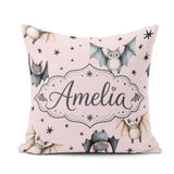 Custom Name Cute Watercolor Bats and Stars Seamless Pattern Pink Square Filled Cushion Throw Pillow Sofa Bed Home Decor Zip Washable UK Made