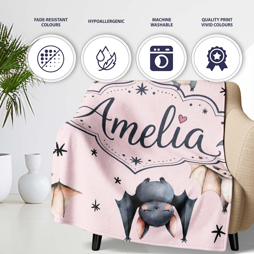 Cute Watercolor Bats and Stars Seamless Pattern Blush Pink Lovely  Personalised Custom Name Super Soft Fleece Blanket Bed Sofa Throw
