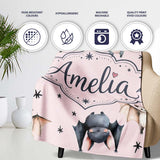 Cute Watercolor Bats and Stars Seamless Pattern Blush Pink Lovely  Personalised Custom Name Super Soft Fleece Blanket Bed Sofa Throw