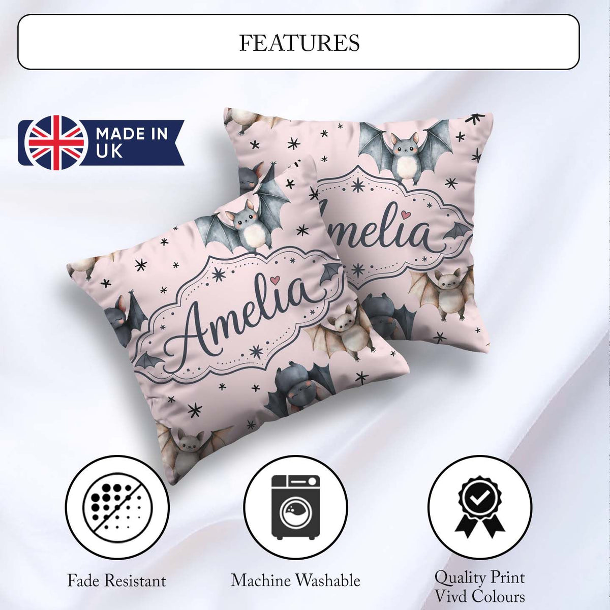 Custom Name Cute Watercolor Bats and Stars Seamless Pattern Pink Square Filled Cushion Throw Pillow Sofa Bed Home Decor Zip Washable UK Made