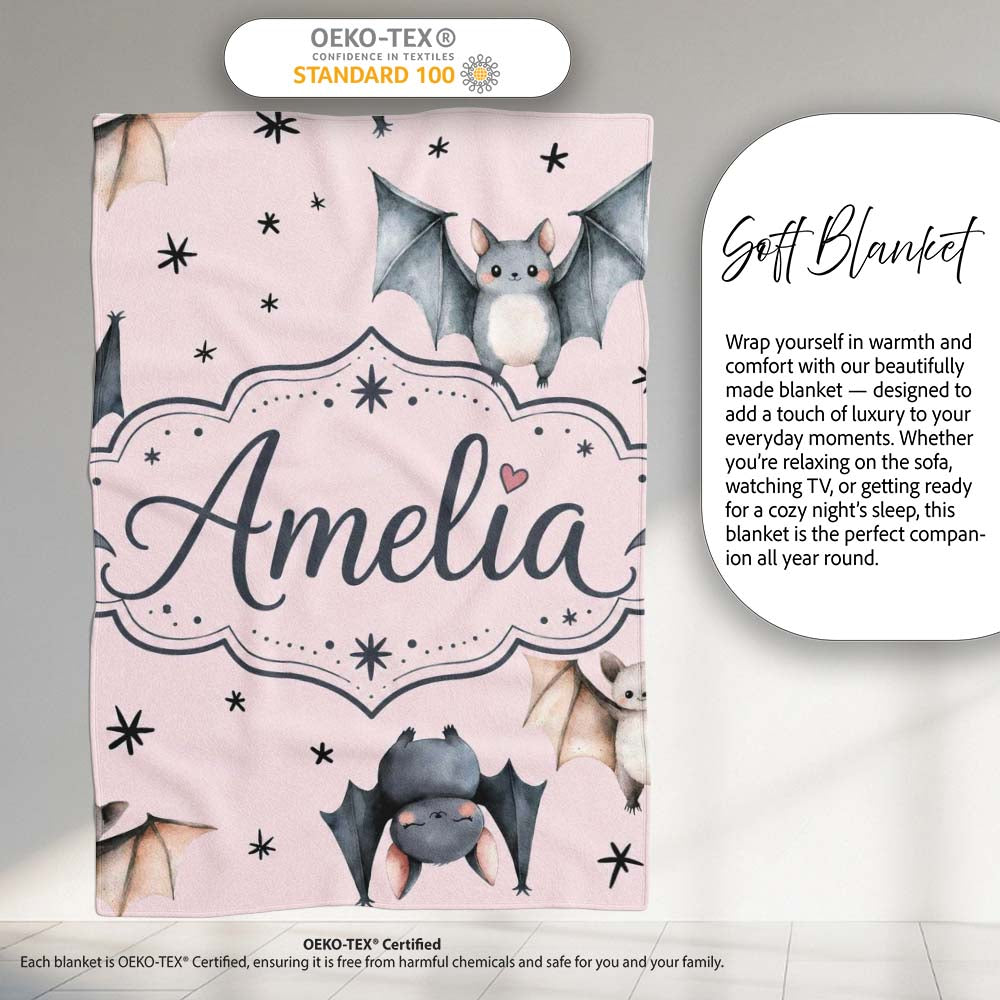 Cute Watercolor Bats and Stars Seamless Pattern Blush Pink Lovely  Personalised Custom Name Super Soft Fleece Blanket Bed Sofa Throw