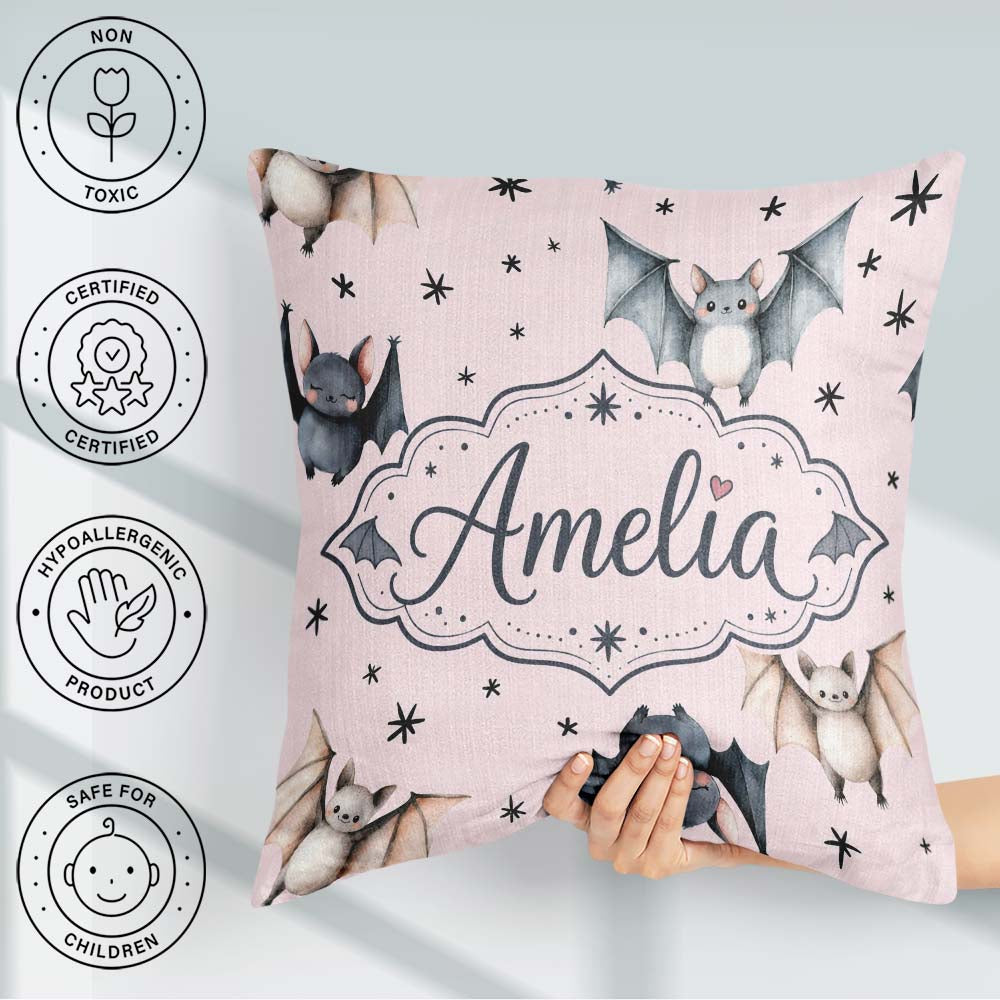 Custom Name Cute Watercolor Bats and Stars Seamless Pattern Pink Square Filled Cushion Throw Pillow Sofa Bed Home Decor Zip Washable UK Made