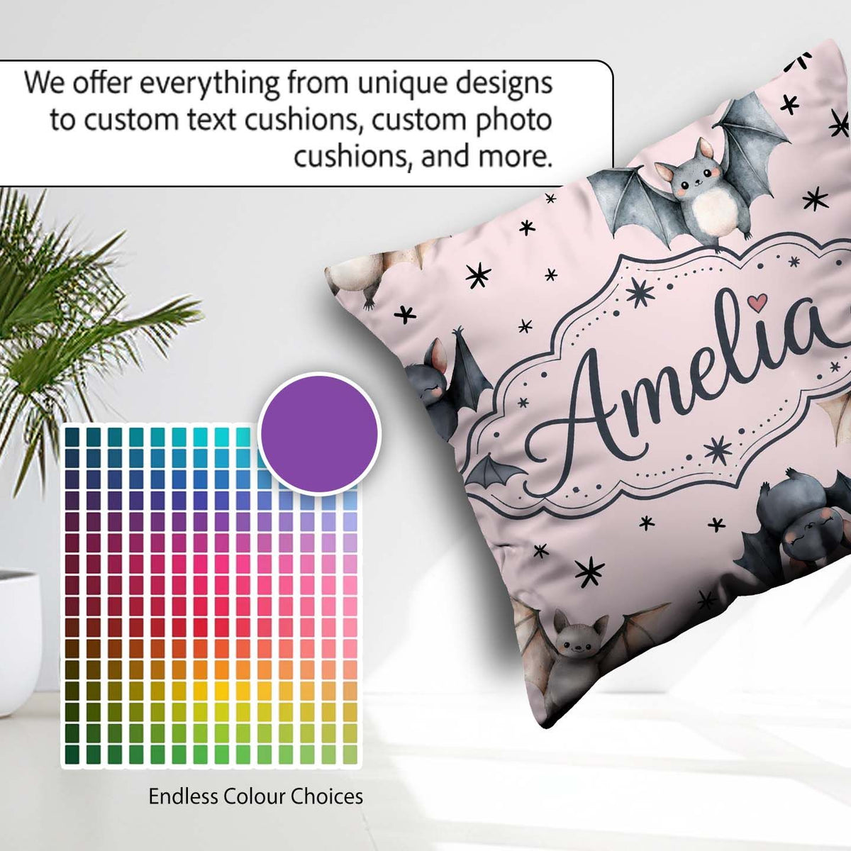 Custom Name Cute Watercolor Bats and Stars Seamless Pattern Pink Square Filled Cushion Throw Pillow Sofa Bed Home Decor Zip Washable UK Made