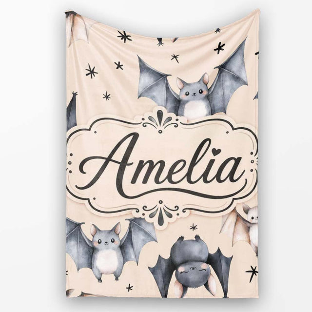 Cute Watercolor Bats and Stars Seamless Pattern Pale Beige Lovely  Personalised Custom Name Super Soft Fleece Blanket Bed Sofa Throw