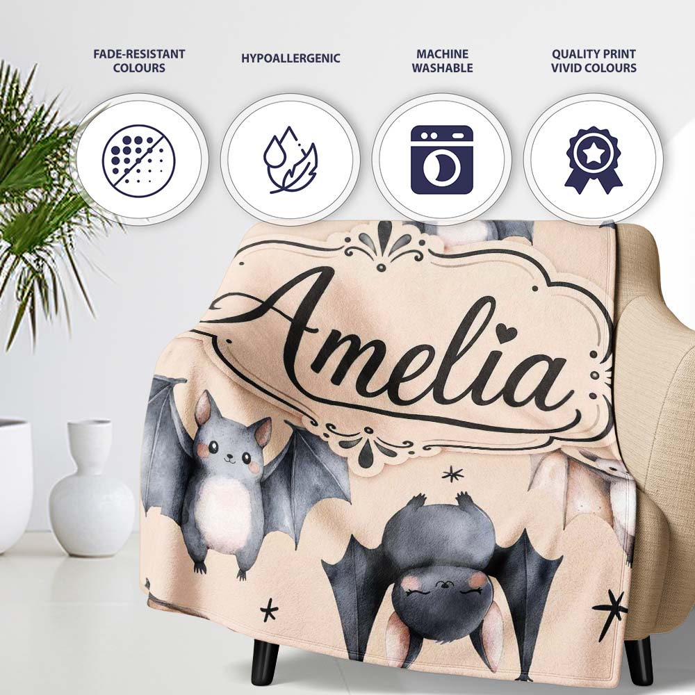 Cute Watercolor Bats and Stars Seamless Pattern Pale Beige Lovely  Personalised Custom Name Super Soft Fleece Blanket Bed Sofa Throw