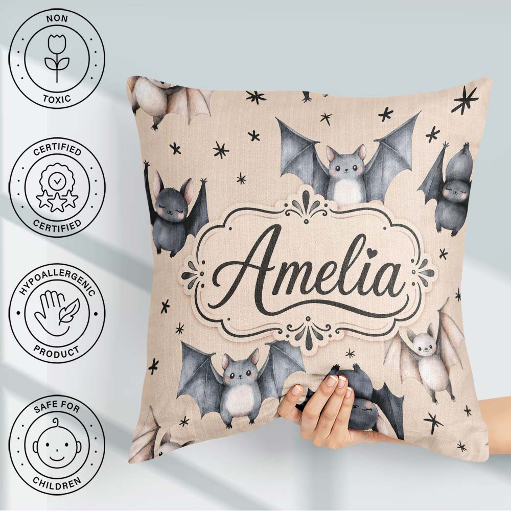 Custom Name Cute Watercolor Bats and Stars Seamless Pattern Pale Square Filled Cushion Throw Pillow Sofa Bed Home Decor Zip Washable UK Made