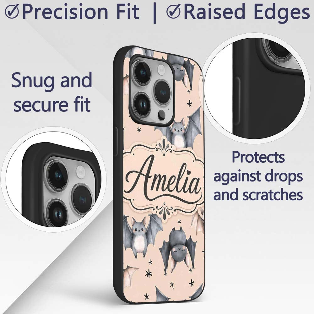 Cute Watercolor Bats and Stars Seamless Pattern Custom Name Protective Phone Case Mobile Cover Durable Everyday Smartphone Shock Resistant