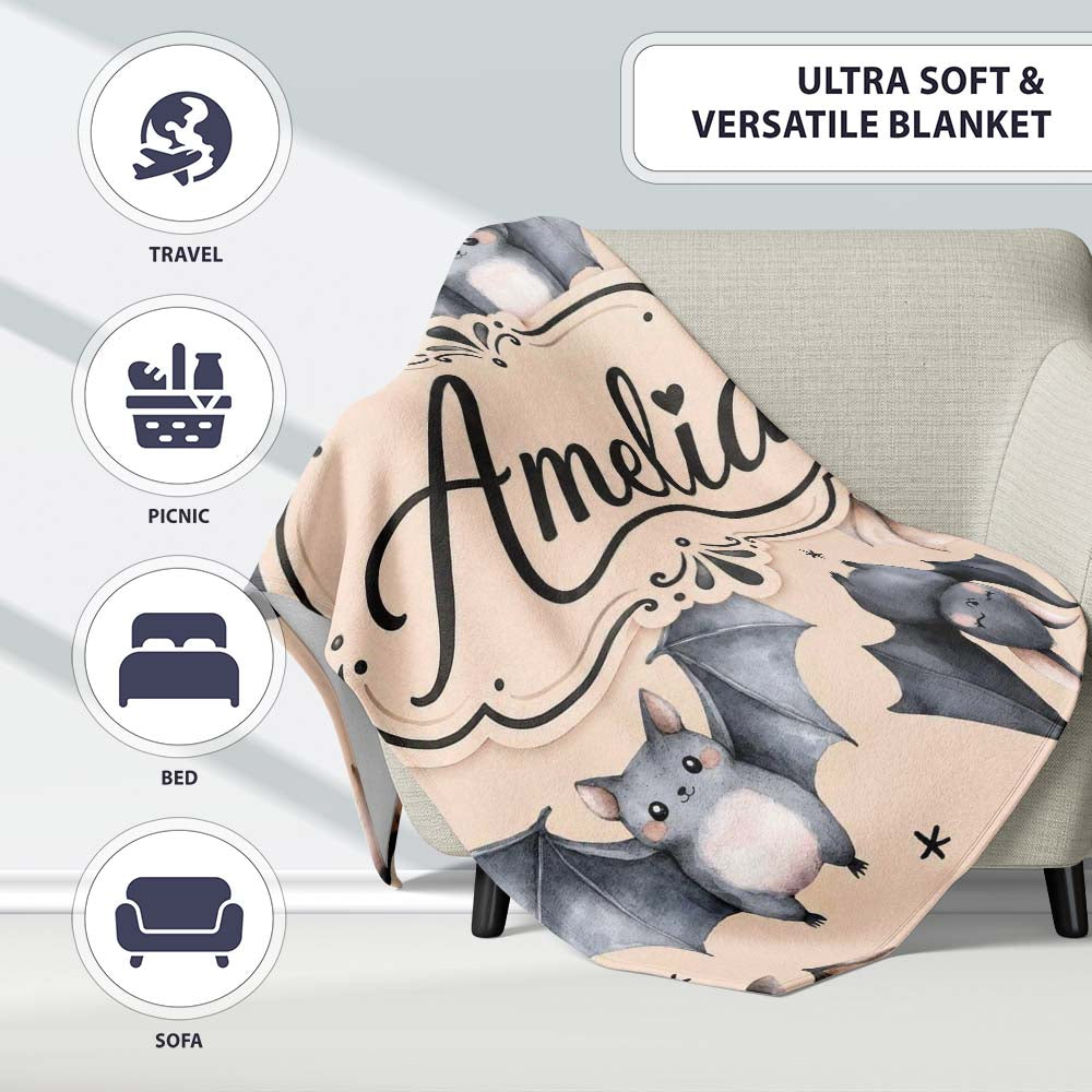 Cute Watercolor Bats and Stars Seamless Pattern Pale Beige Lovely  Personalised Custom Name Super Soft Fleece Blanket Bed Sofa Throw