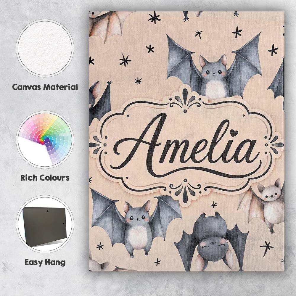 Personalised Name Cute Watercolor Bats and Custom  Unique Gift Idea Elegant Feature Canvas Wall Art Print Decor Picture Ready to Hang
