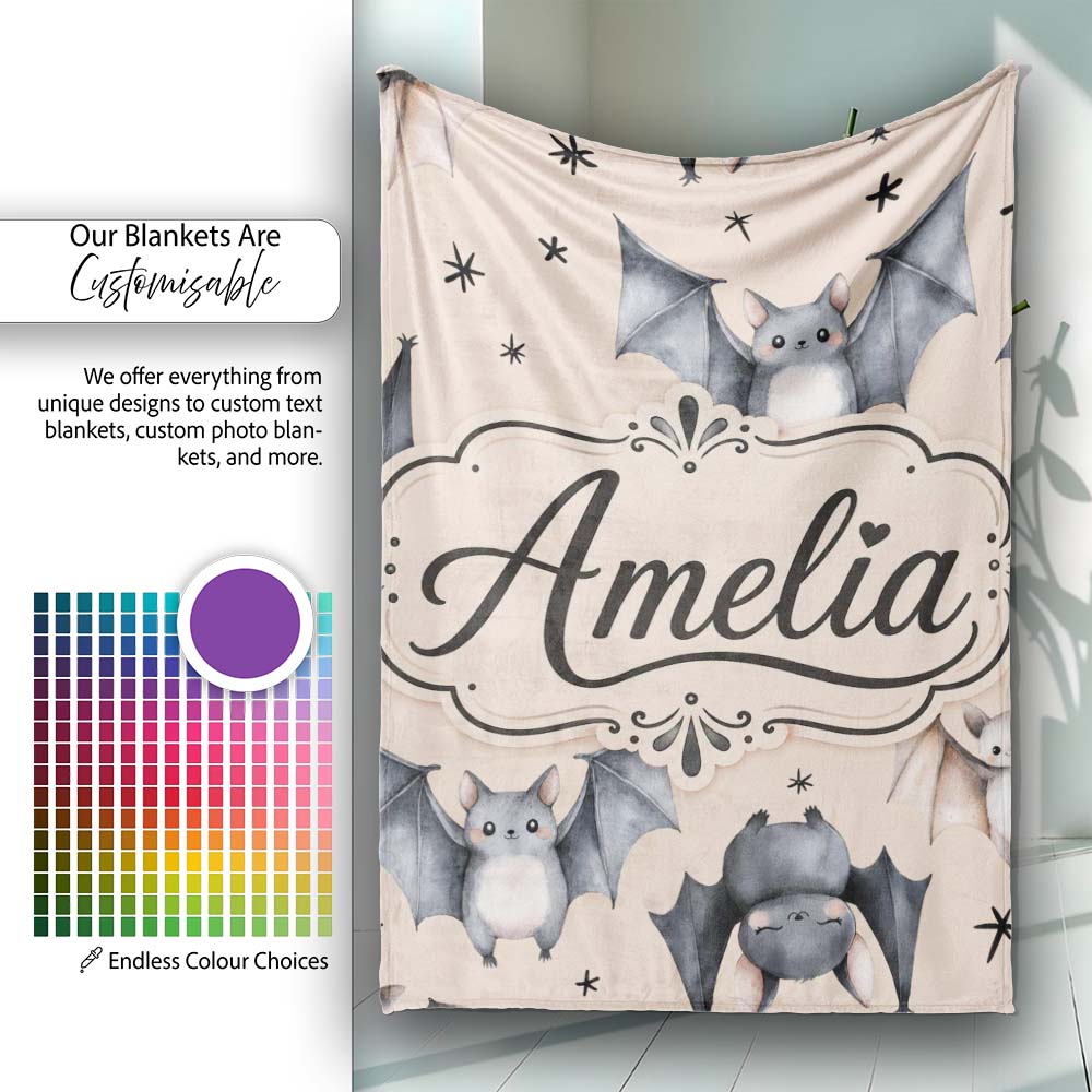 Cute Watercolor Bats and Stars Seamless Pattern Pale Beige Lovely  Personalised Custom Name Super Soft Fleece Blanket Bed Sofa Throw