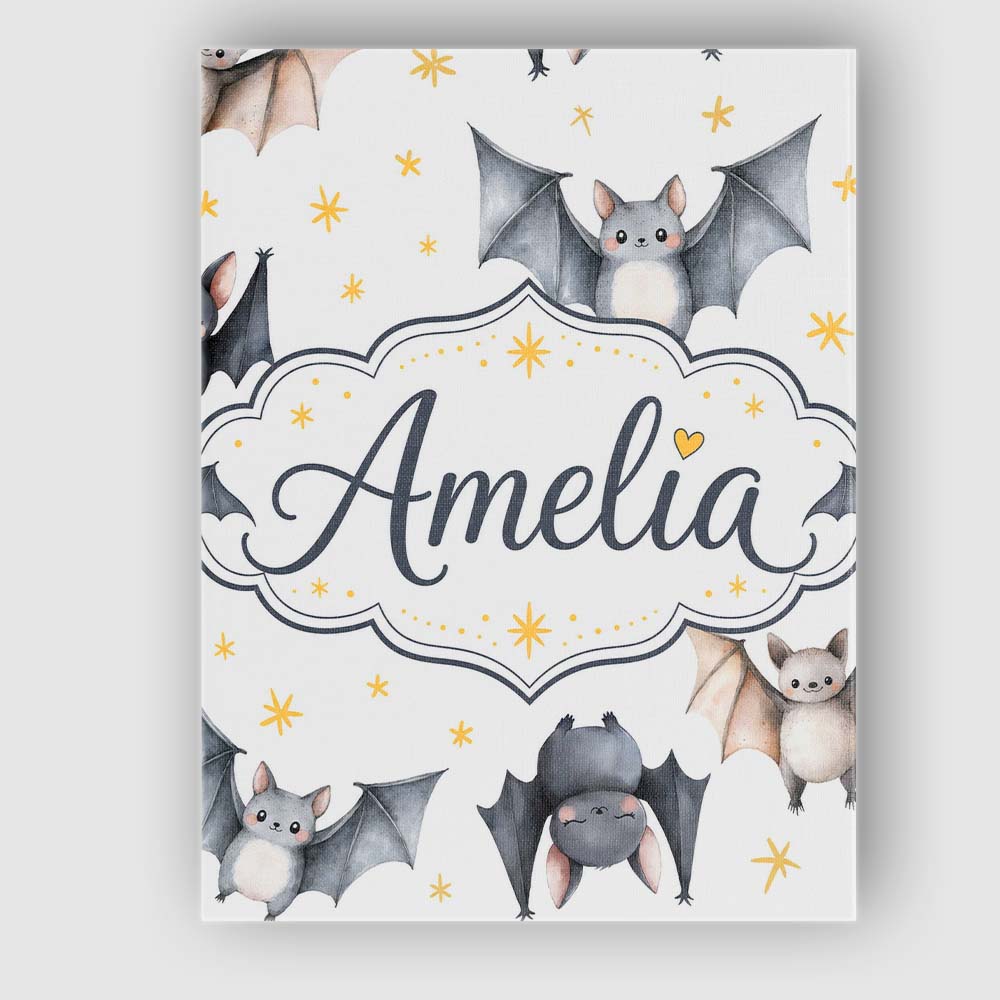 Personalised Name Cute Watercolor Bats and Custom  Unique Gift Idea Elegant Feature Canvas Wall Art Print Decor Picture Ready to Hang