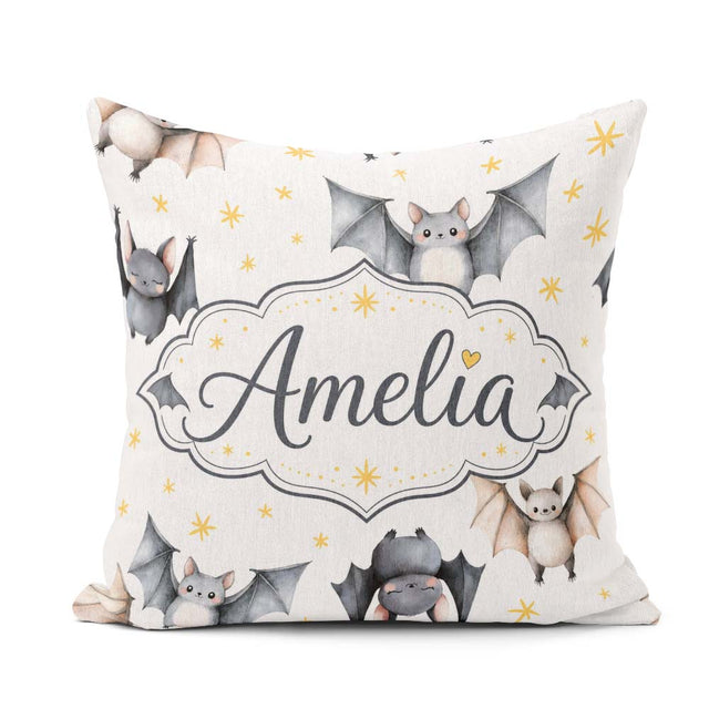 Custom Name Watercolor Bats and Stars Seamless Pattern Warm Sand Square Filled Cushion Throw Pillow Sofa Bed Home Decor Zip Washable UK Made