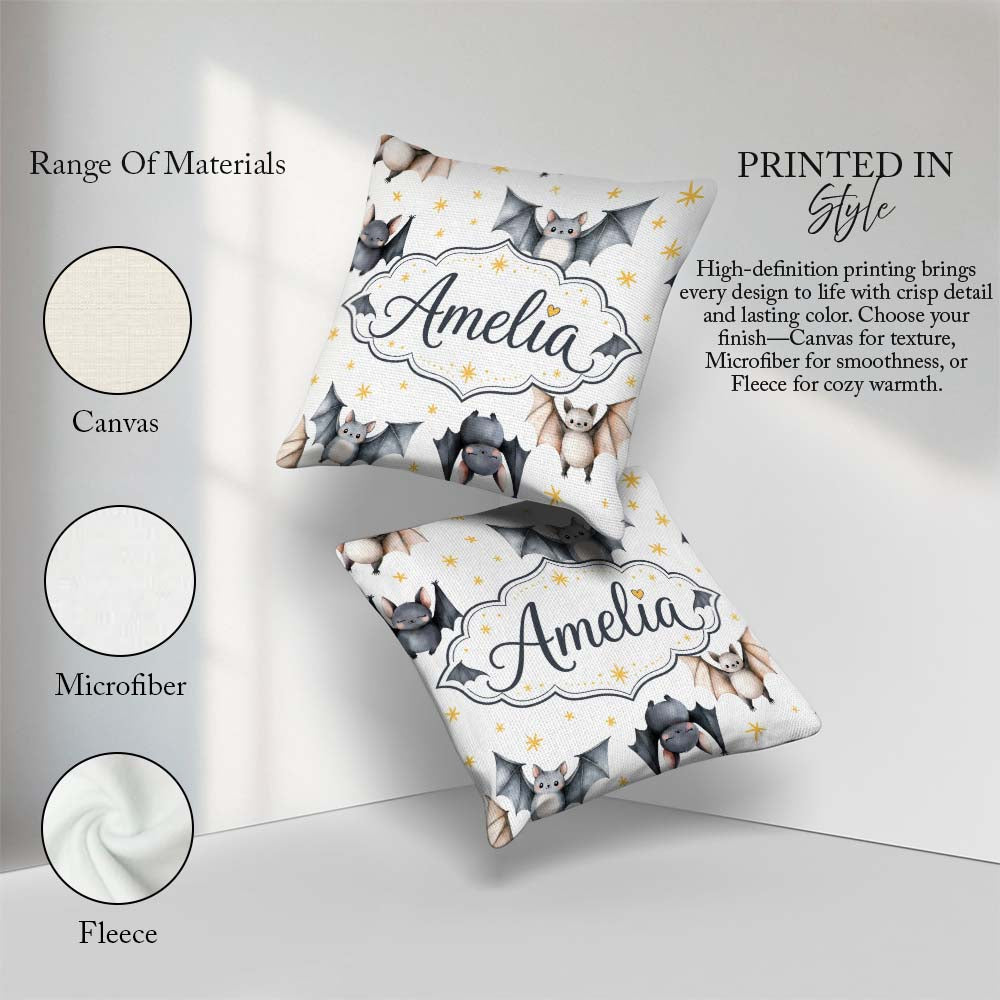 Custom Name Watercolor Bats and Stars Seamless Pattern Warm Sand Square Filled Cushion Throw Pillow Sofa Bed Home Decor Zip Washable UK Made
