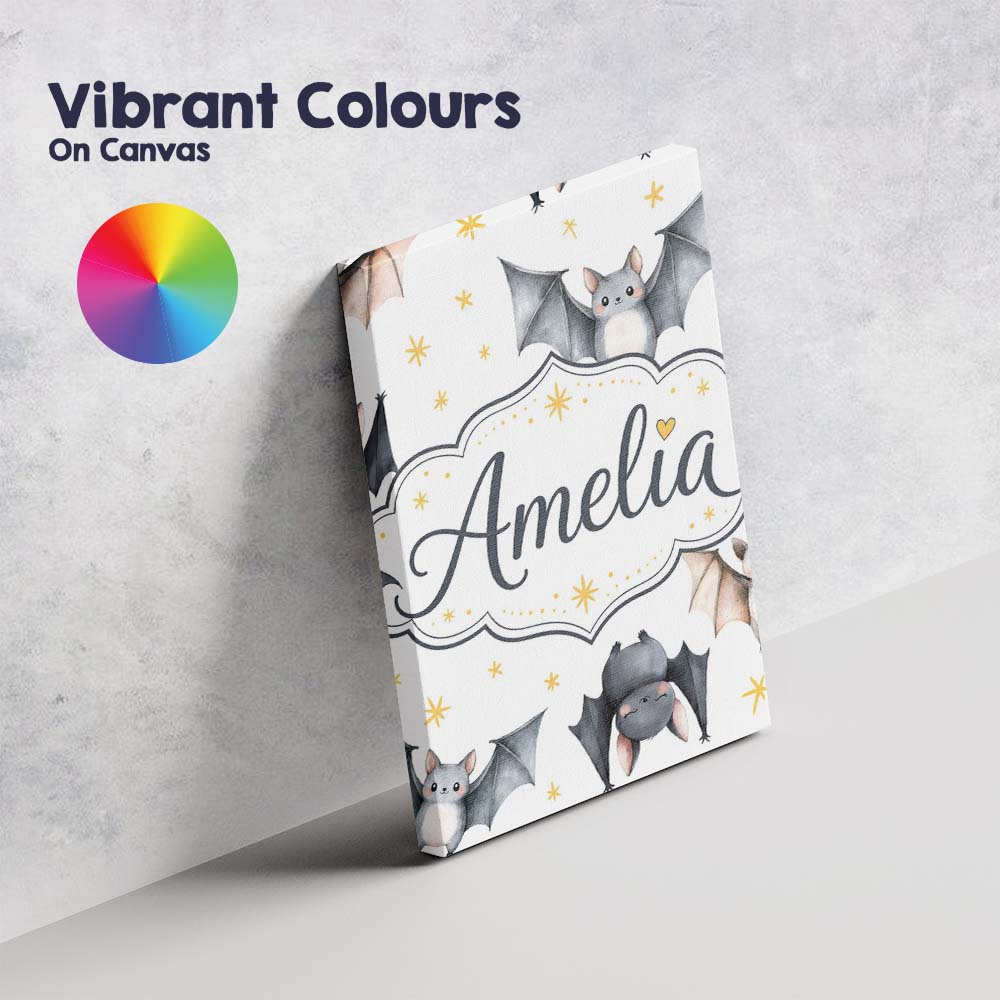 Personalised Name Cute Watercolor Bats and Custom  Unique Gift Idea Elegant Feature Canvas Wall Art Print Decor Picture Ready to Hang